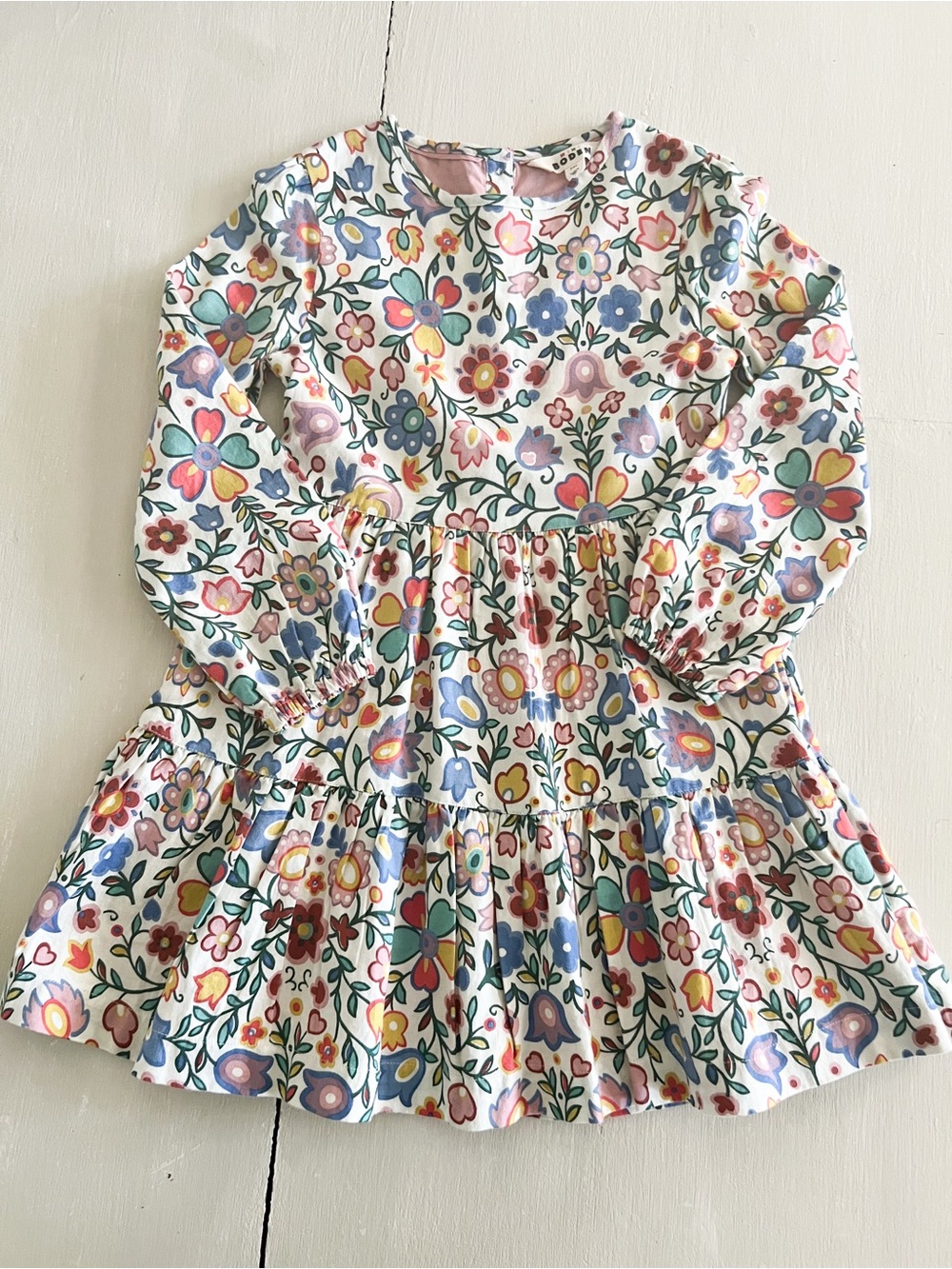 Mini Boden Girls Floral Long Sleeve Tiered Dress Size 7-8Y